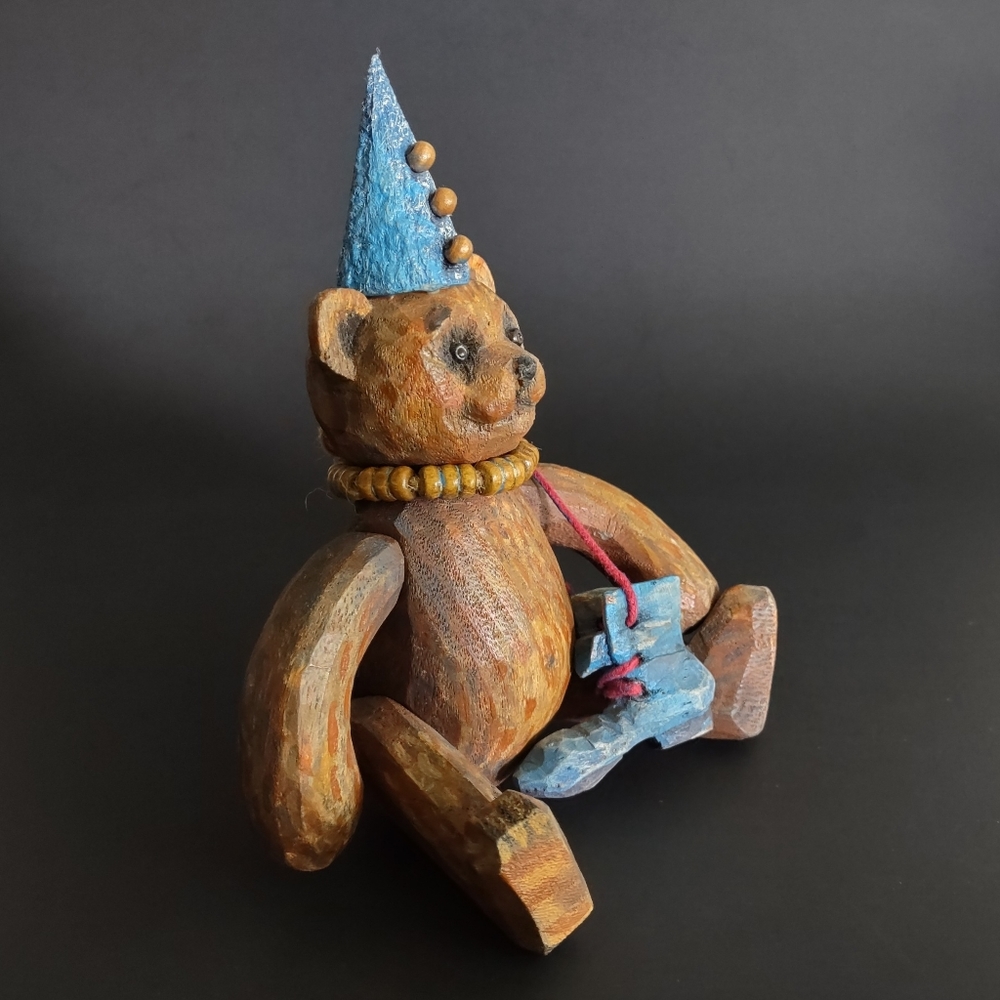 Hand Carved & Hand painted Wooden Teddy Bear Jointed Elastic Band Vintage 70's 